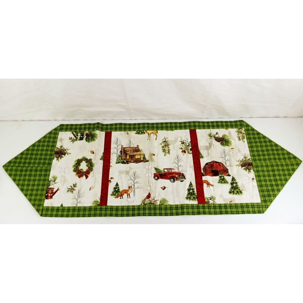 Handmade Christmas Red Truck Log Cabin Winter Table Runner Linen Centerpiece